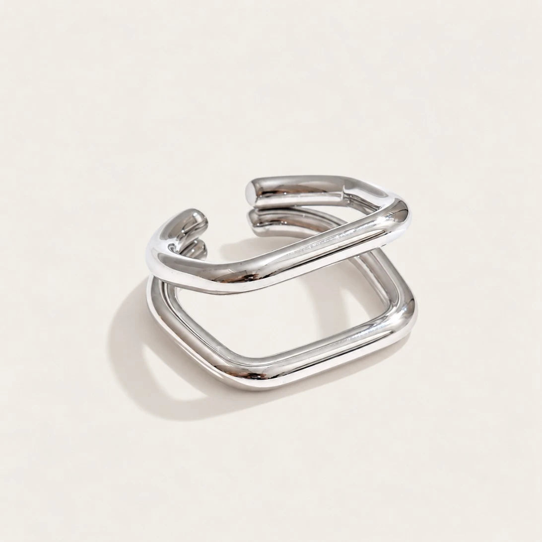 Silver-tone Carré RING: a thick, rounded band shaped into an open square with soft corners — Folie à Trois
