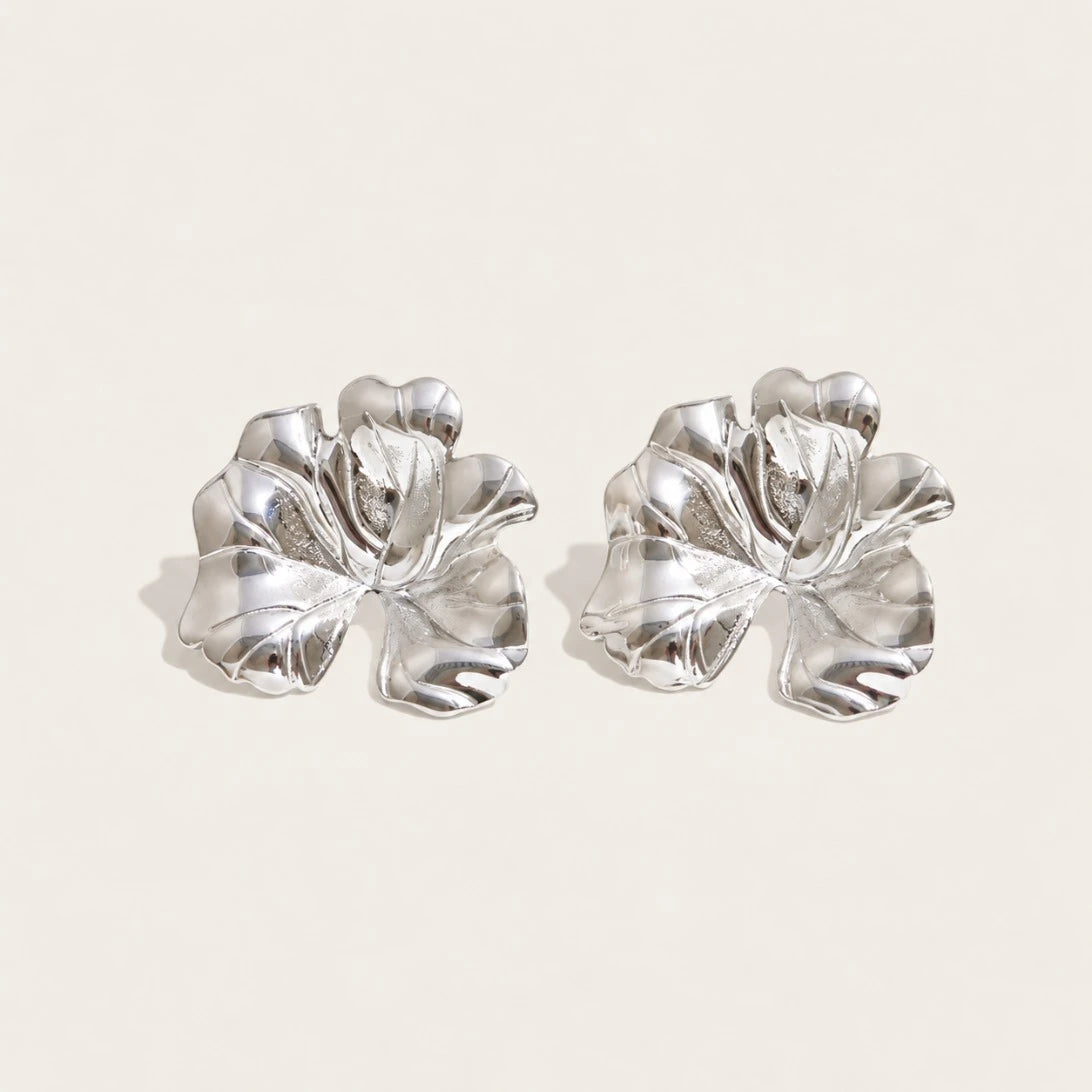 Silver-tone Fleurette EARRINGS: a pair of bold flower earrings made of softly textured, clustered petals — Folie à Trois