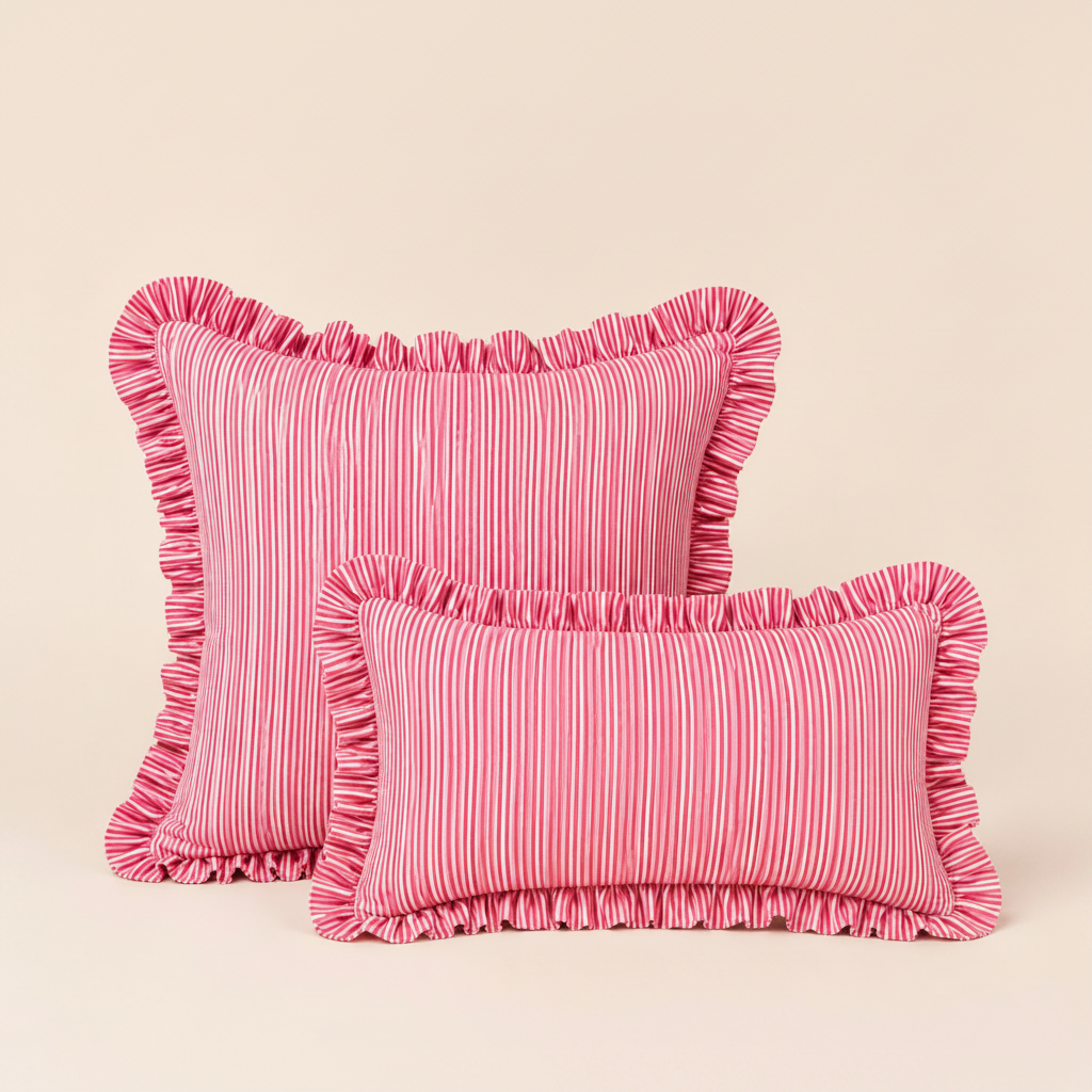 Flat lay of the Harmony cushion in soft pink linen with a red scalloped embroidered edge on a white background.