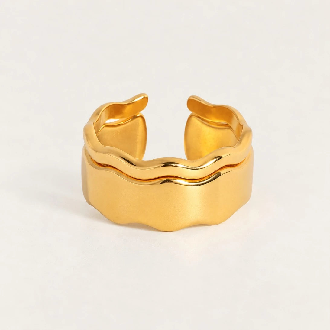 Gold Marée RING: wide, adjustable open band with two wavy, rippled layers — Folie à Trois wholesale jewelry
