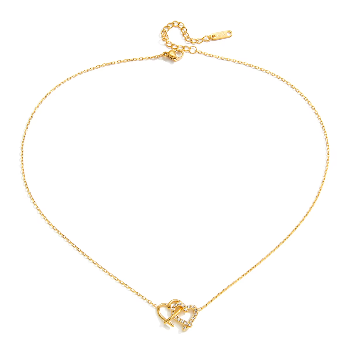Gold-plated necklace with a delicate chain and interlocking heart-shaped pendant embellished with clear crystals