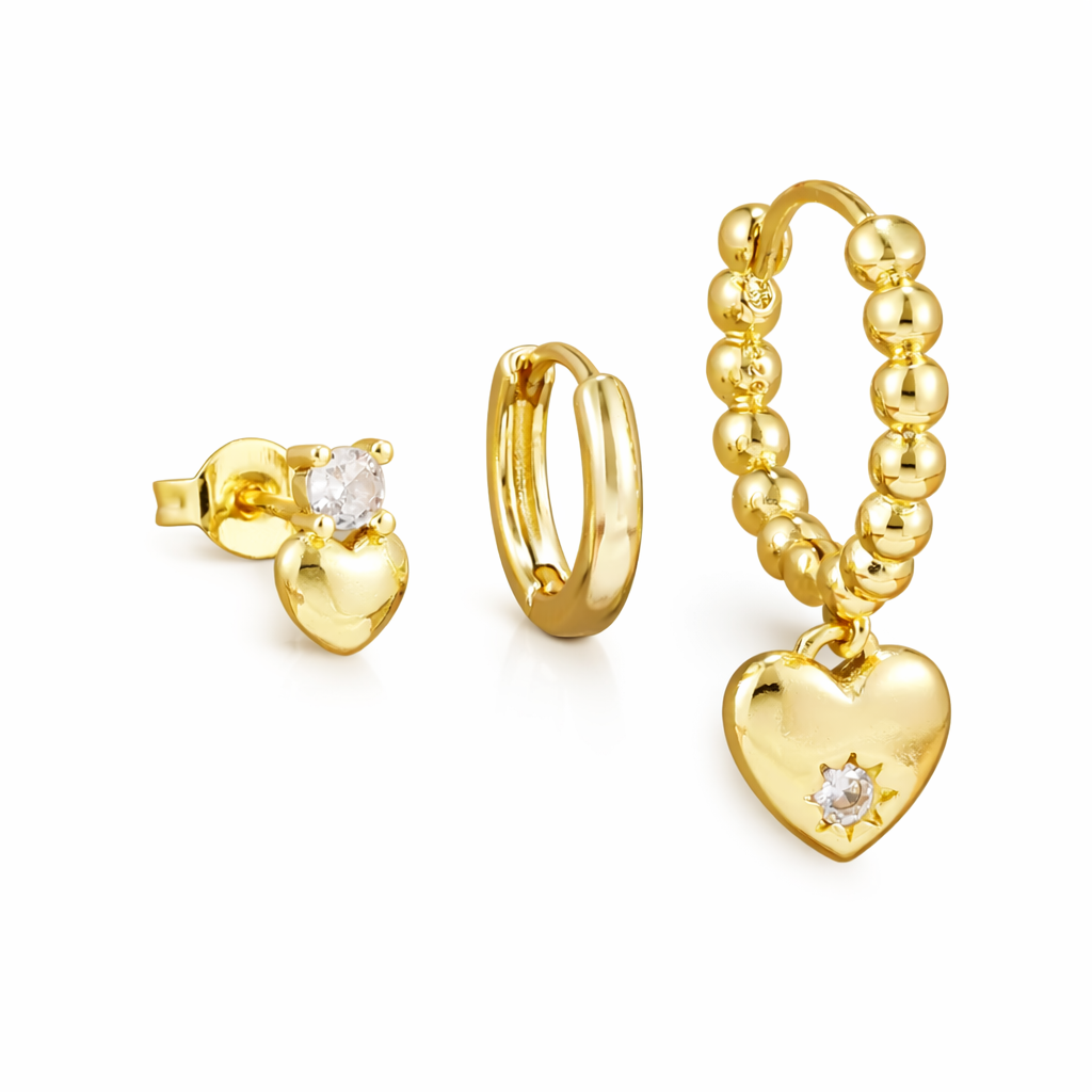 Set of 3 earrings with heart details