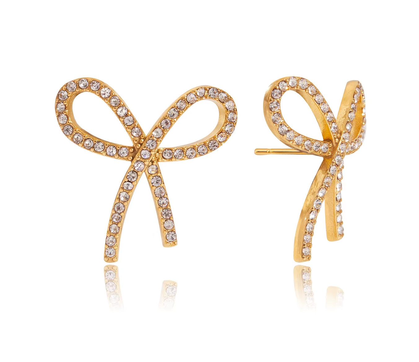 Gold-plated bow-shaped stud earrings embellished with clear crystal stones