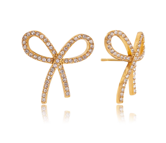 Gold-plated bow-shaped stud earrings embellished with clear crystal stones