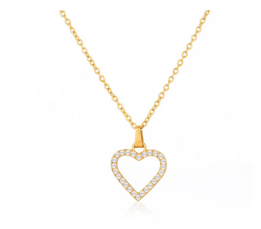 Gold-plated necklace with a delicate chain and an open heart pendant outlined with clear crystal stones