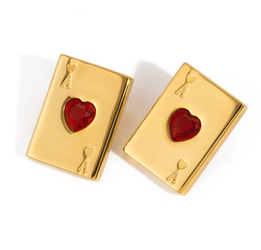 Pair of gold-plated Ace of Hearts stud earrings with rectangular card design and red heart-shaped gemstones