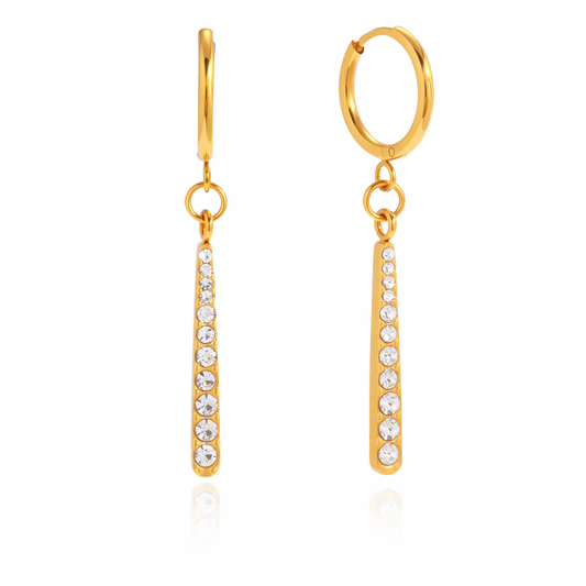 Gold-plated huggie earrings with slim vertical bar pendants set with clear crystal stones