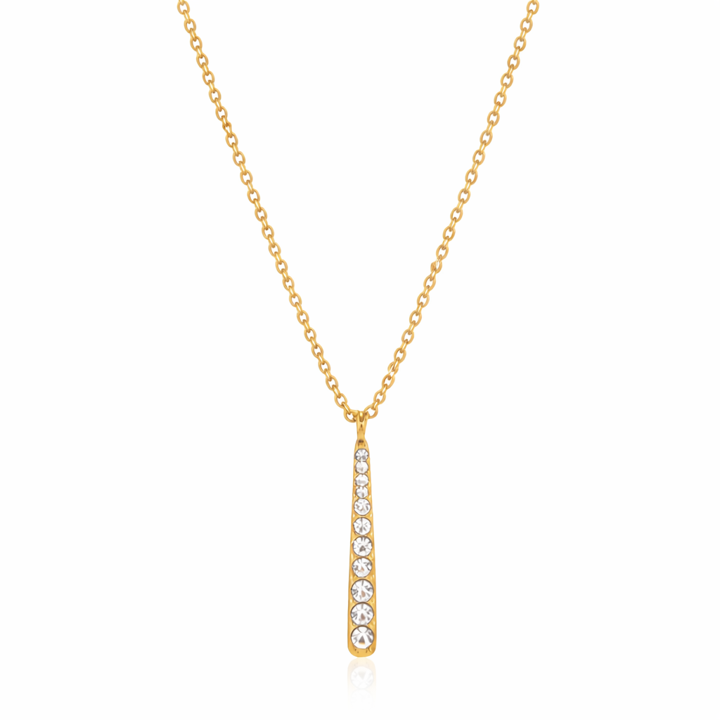 Gold-plated necklace with a fine chain and a slim vertical bar pendant set with clear crystal stones