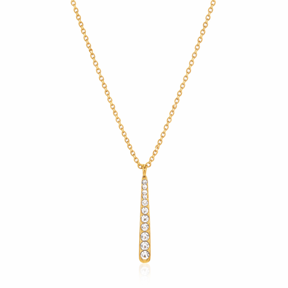 Gold-plated necklace with a fine chain and a slim vertical bar pendant set with clear crystal stones