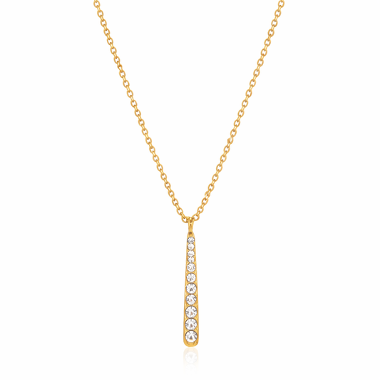 Gold-plated necklace with a fine chain and a slim vertical bar pendant set with clear crystal stones