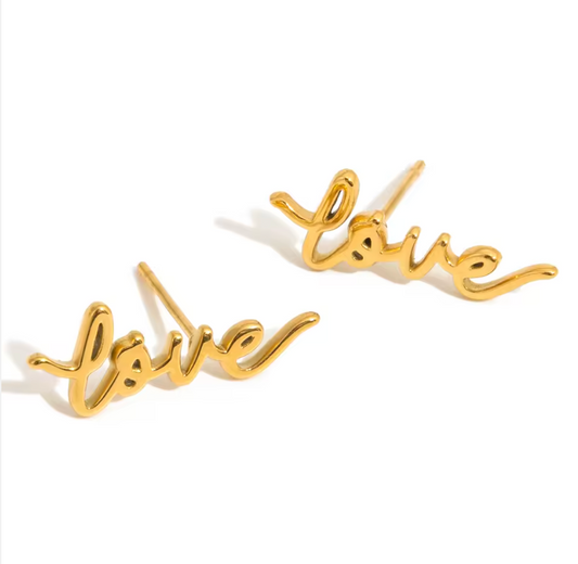 Pair of gold-plated stud earrings spelling “love” in cursive script