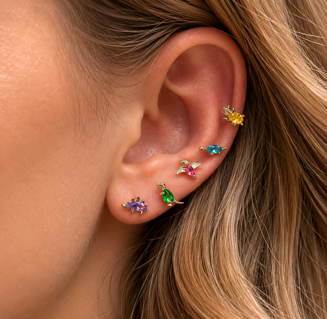 Colorful Dino Earrings on Model – Folie à Trois