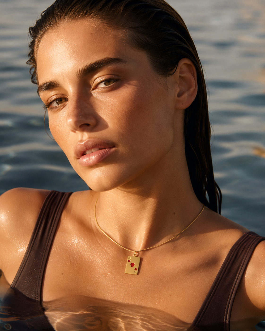The Ace of Hearts CHARM worn as a pendant on a fine gold chain necklace, resting at the neckline in the sea at sunset.