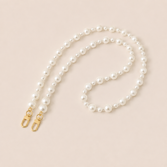Folie à Trois Adair Pearl long wholesale phone chain in graduated white pearls with gold clasps, coiled on a cream background.
