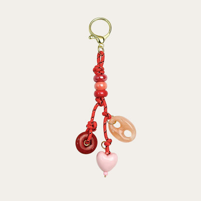 Amara BAG CHARM - red and blush beaded tassel with heart and agate charms