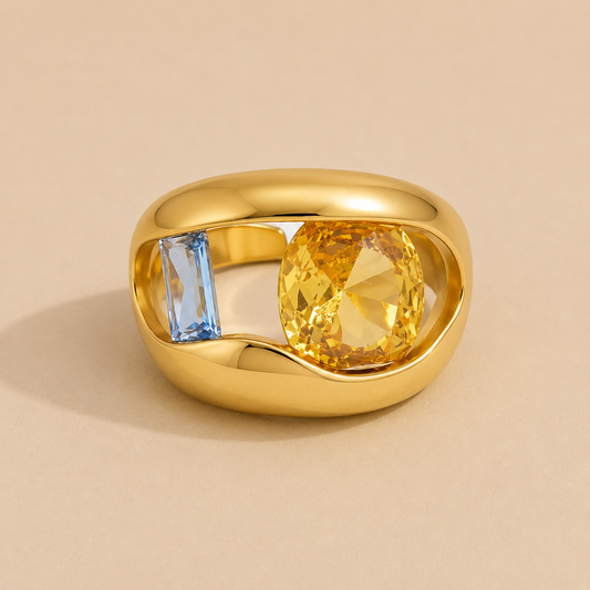 Amara Verstelbare Ring in Green & Yellox – Gouden Roestvrij Staal door Folie à Trois