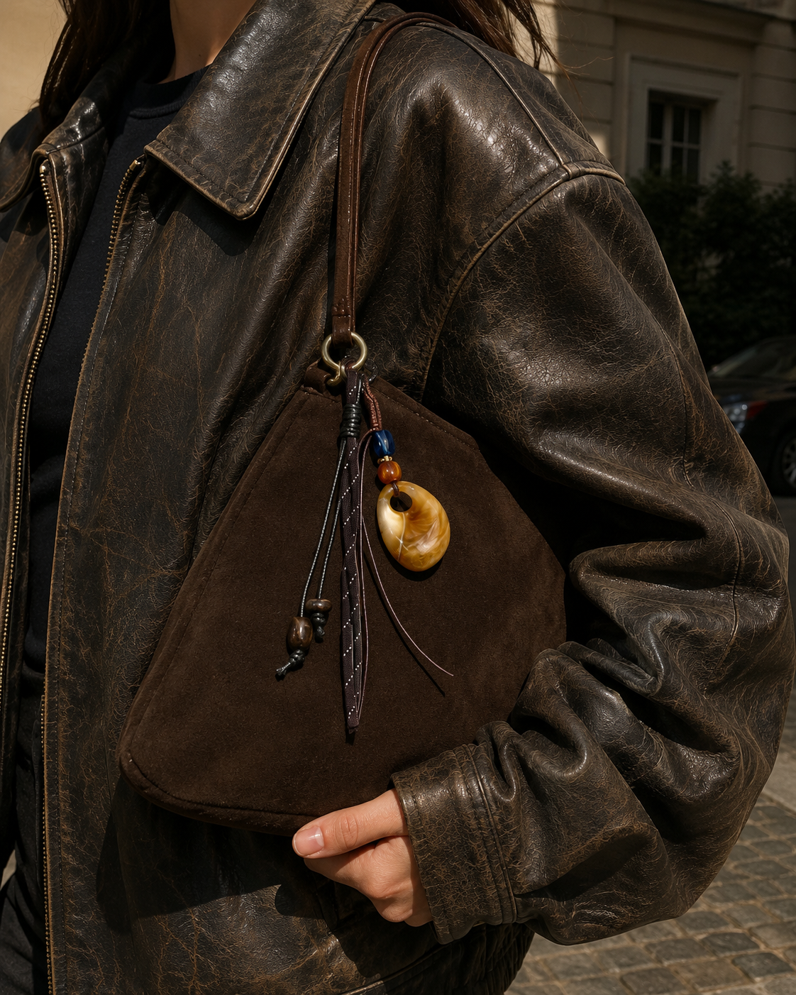 Folie à Trois Amber Drop BAG CHARM, an amber agate donut pendant on braided cord, clipped to a brown suede tote bag handle.