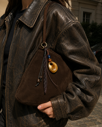 Folie à Trois Amber Drop BAG CHARM, an amber agate donut pendant on braided cord, clipped to a brown suede tote bag handle.