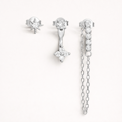 Bianca Set in silver tone, showing the same star stud, flower drop, and crystal bar with chain detail.