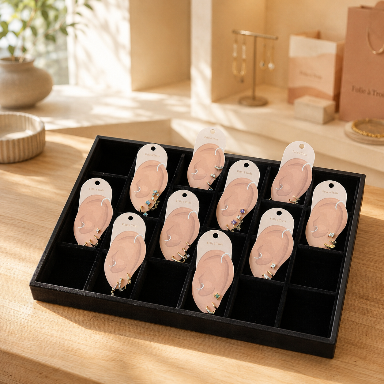 Ear-shaped earring cards displaying stud and hoop earrings inside a black jewelry tray on a sunlit wooden counter with a Folie à Trois bag.