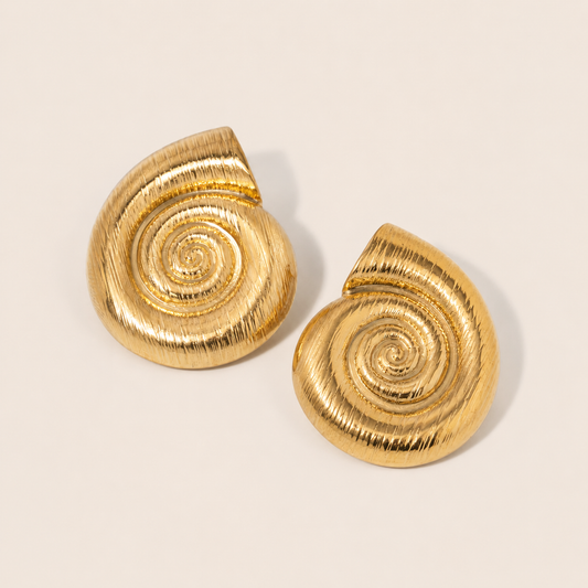 Gold spiral shell-shaped stud earring with a brushed textured finish — Folie à Trois Bonifacio EARRINGS.