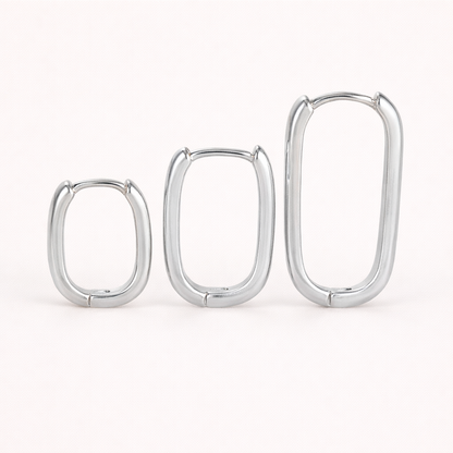 Bruna Set in silver tone, rectangular oval hoops in three graduated sizes, shown standing side by side.