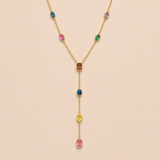 Gold Calma Y NECKLACE with multicolor gemstone stations in blue, pink, purple and green, drawn into a long lariat drop.