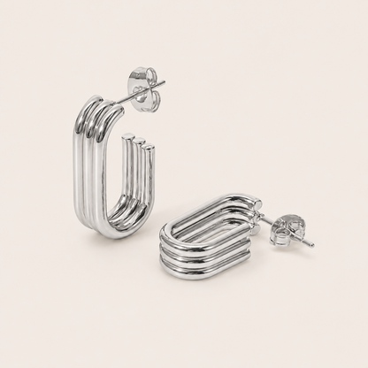 Silver Cami EARRINGS square-shaped hoops made of multiple stacked ridged bands in a rounded rectangular silhouette.