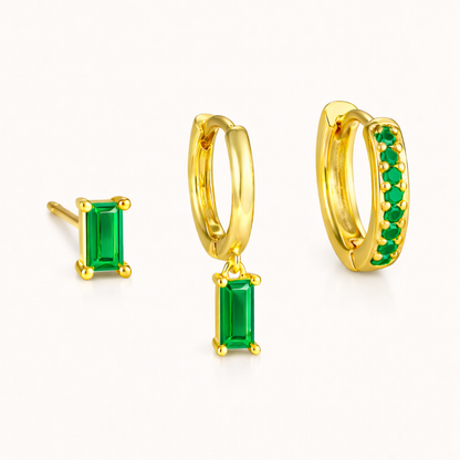 The Classic Drop SET in an emerald green colorway, showing the baguette stud, dangle hoop, and pavé hoop together in studio.