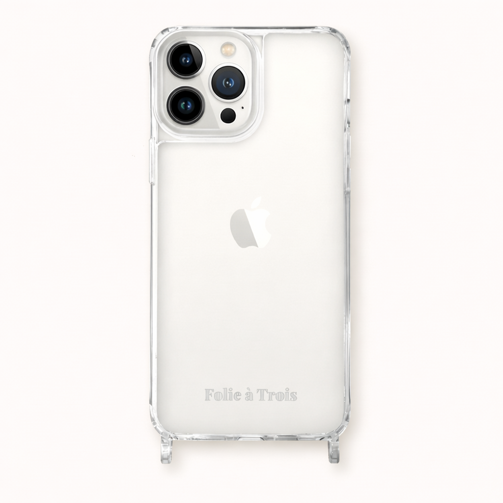 Clear Classic iPHONE CASE shown on a white background, with camera cutout and embossed Folie a Trois logo detail.