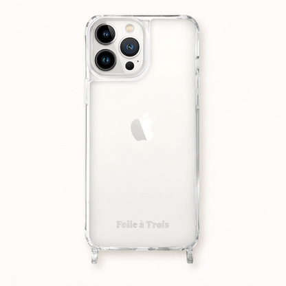 Clear Classic iPHONE CASE shown on a white background, with camera cutout and embossed Folie a Trois logo detail.