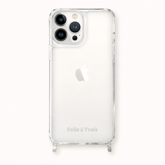 Clear Classic iPHONE CASE shown on a white background, with camera cutout and embossed Folie a Trois logo detail.