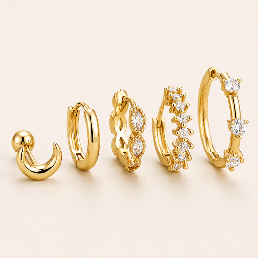 Five-piece Claudia SET gold earrings: a moon stud, plain hoop, infinity marquise hoop, zigzag pave hoop, and hoop with round stones.