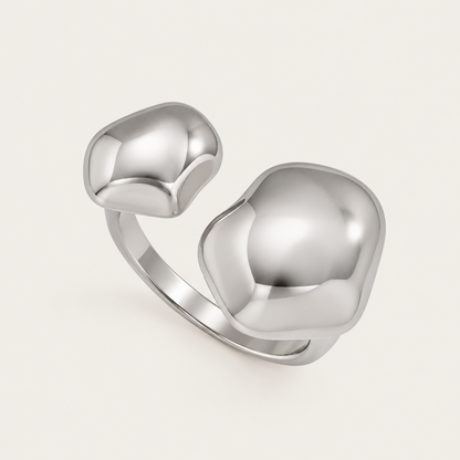 Silver-tone Cloud RING: open adjustable ring with two smooth, organic pebble-shaped ends — Folie à Trois wholesale