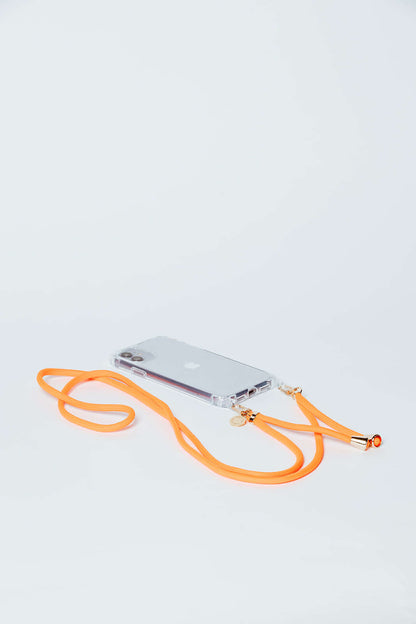 Orange Colorful PHONE CORD attached to a clear phone case, laid flat on a white background.