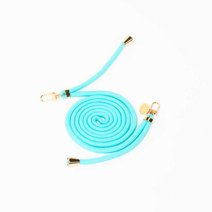 Turquoise Colorful PHONE CORD coiled with gold-tone hardware on a white background.