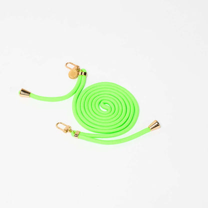 Neon green Colorful PHONE CORD coiled with gold-tone hardware on a white background.