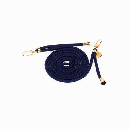Navy blue Colorful PHONE CORD coiled with gold-tone hardware, shown from another angle on white.