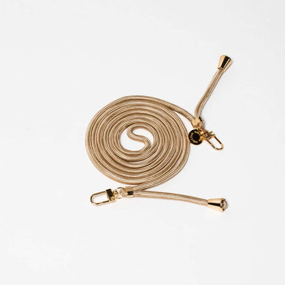 Champagne gold metallic Colorful PHONE CORD coiled with gold-tone hardware on a white background.