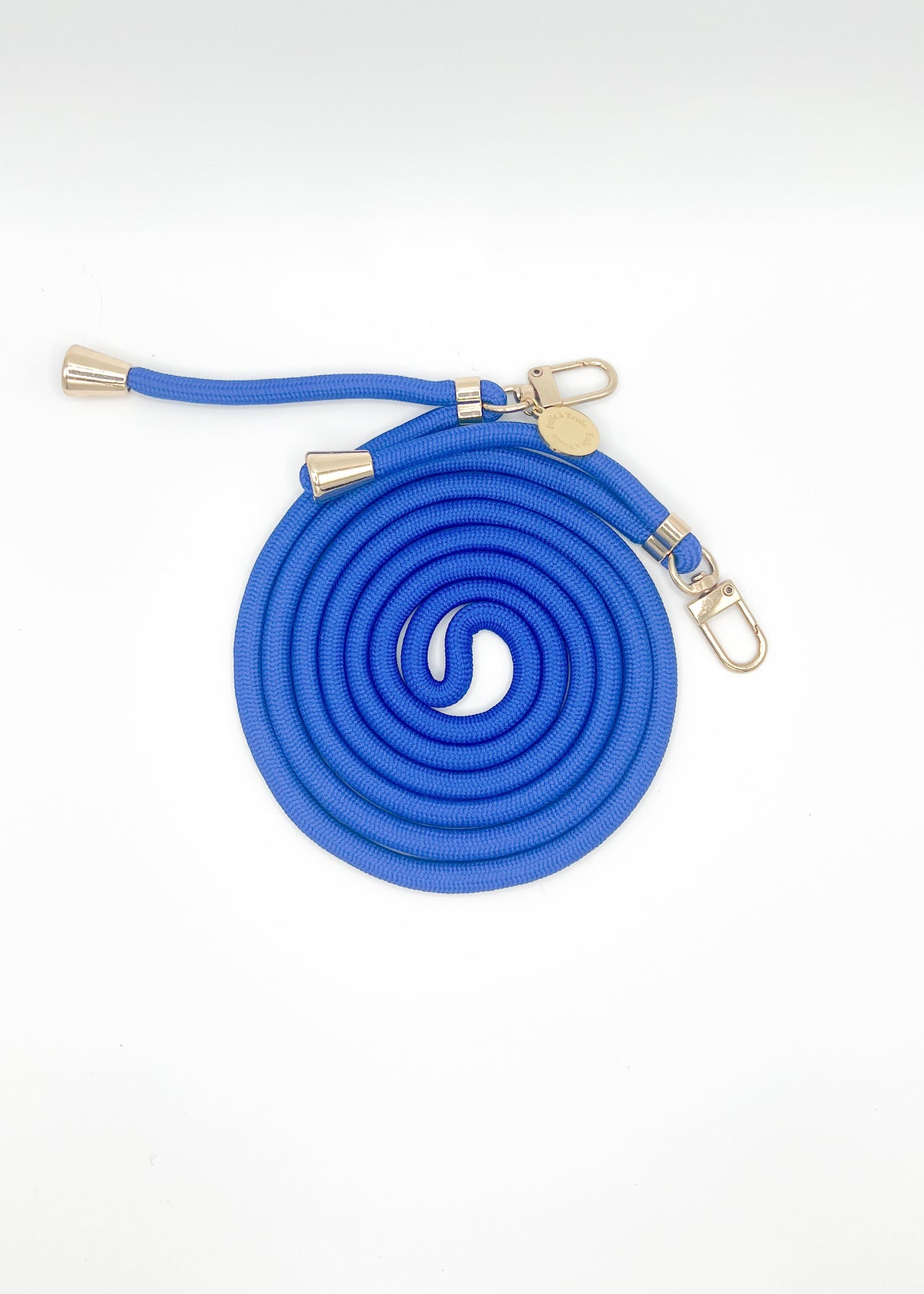 Blue Colorful PHONE CORD coiled with silver-tone hardware on a white background.
