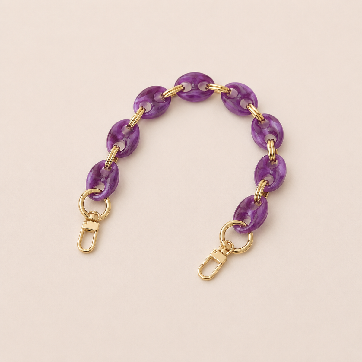 Round amethyst purple marbled coin-link phone chain with gold connectors on cream — Folie à Trois Corvin wholesale phone chain