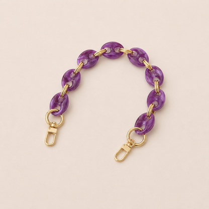 Round amethyst purple marbled coin-link phone chain with gold connectors on cream — Folie à Trois Corvin wholesale phone chain