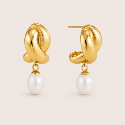 Gold twisted knot stud earring with a dangling round white pearl drop — Folie à Trois Cruz EARRINGS.