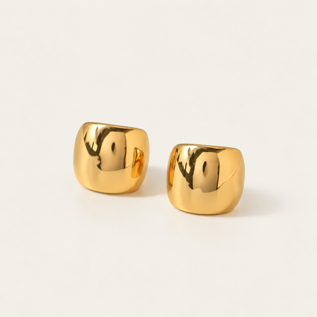 Gold Dôme EAR CUFF: a pair of chunky, high-shine domed cuffs with a rounded square shape — Folie à Trois wholesale