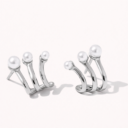 Effie Earrings in a silver-tone finish, showing the same three-prong pearl-tipped design from the front.