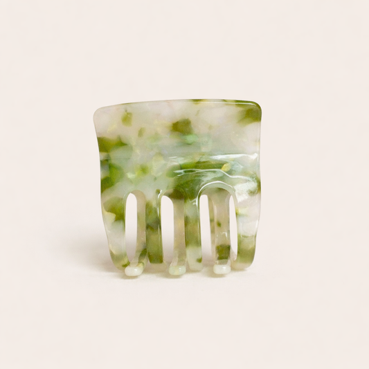 Enchanted Garden HAIR CLIP square acetate claw clip in a green and white marbled pattern, studio shot.