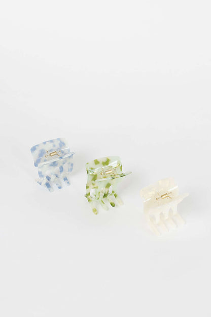 Enchanted Garden HAIR CLIP three claw clips shown together in blue, green and cream marbled colorways, studio shot.