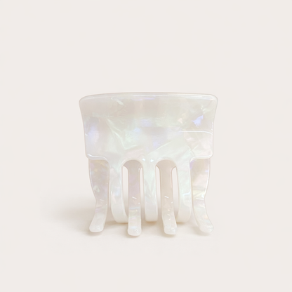 Enchanted Garden HAIR CLIP square acetate claw clip in a solid iridescent white shade, studio shot.