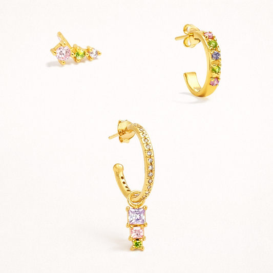 Fashion House SET pairs a pastel three-stone stud with a colorful hoop and a pave hoop dangling square stones.