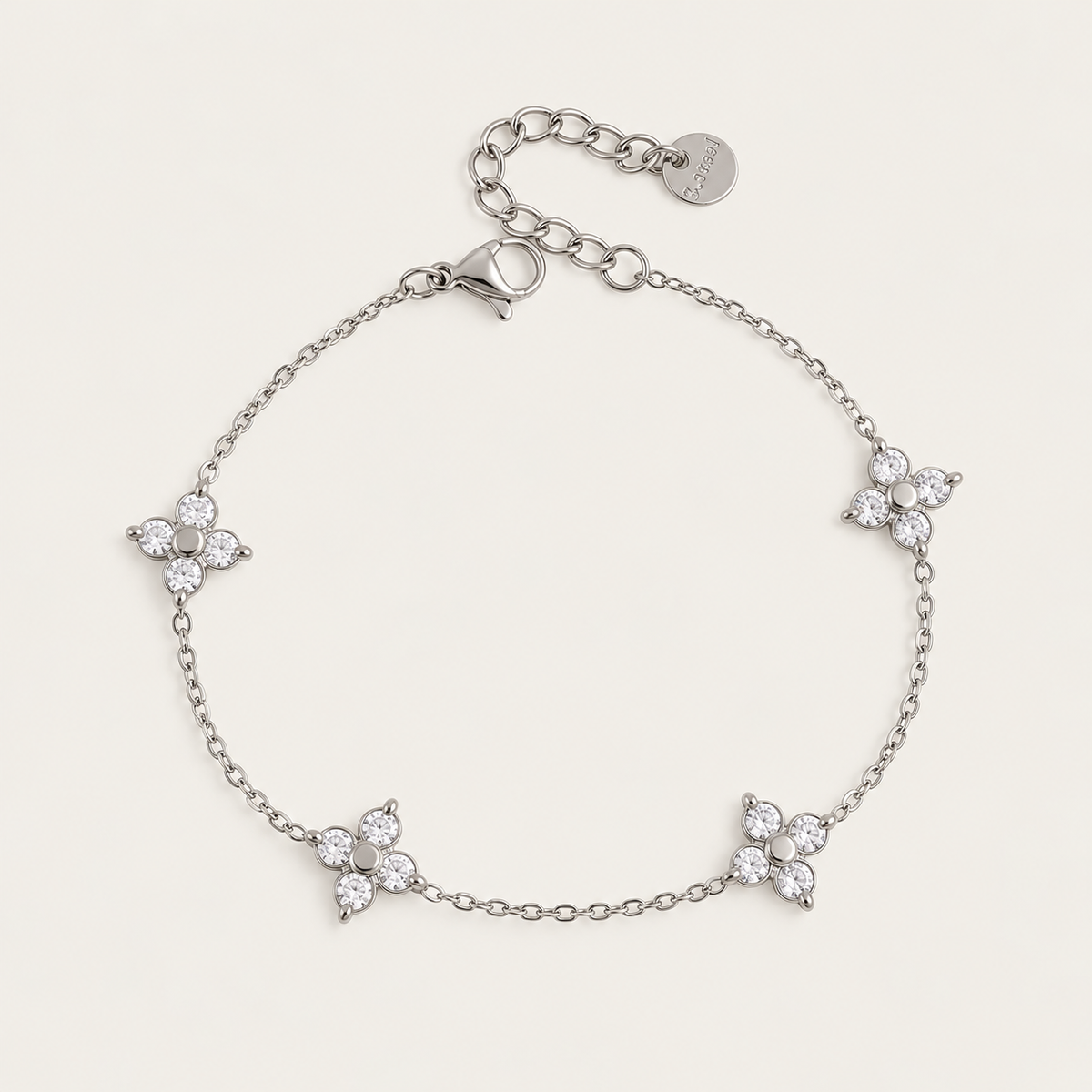 Silver-tone Fiore BRACELET: fine chain with four zirconia flower stations and an extender chain — Folie à Trois